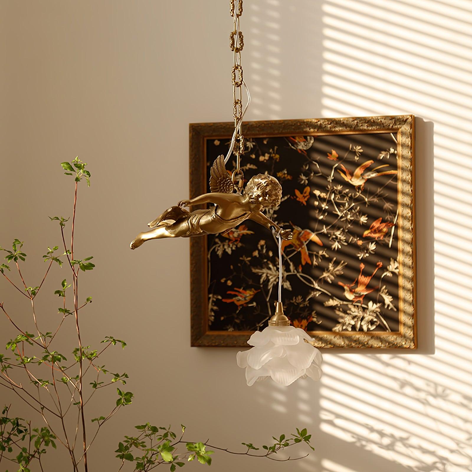 Vintage Brass Angel Figurine Pendant Light with Opaque Glass Shade