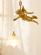 Vintage Brass Angel Figurine Pendant Light with Opaque Glass Shade