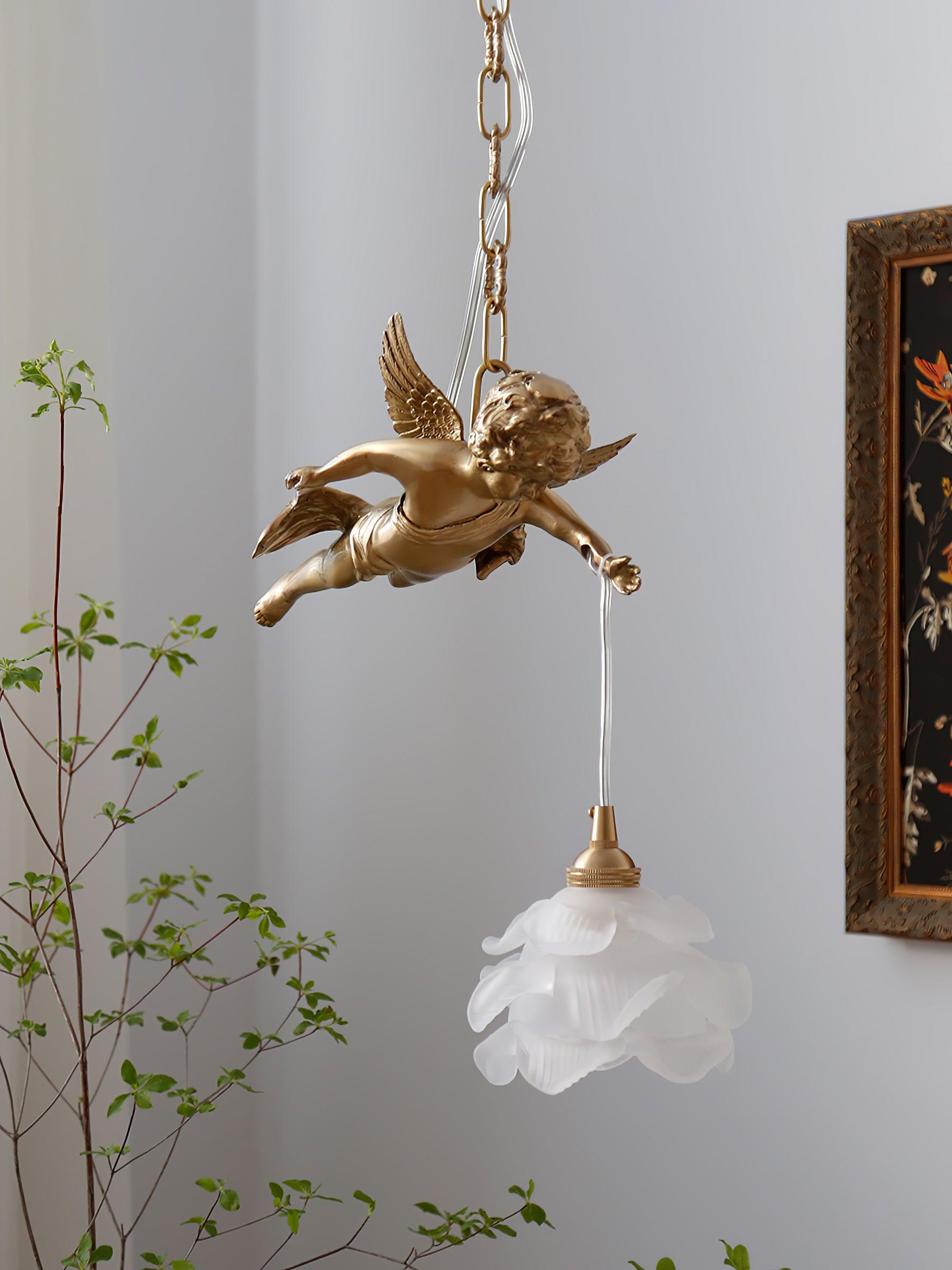 Vintage Brass Angel Figurine Pendant Light with Opaque Glass Shade