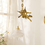 Vintage Brass Angel Figurine Pendant Light with Opaque Glass Shade