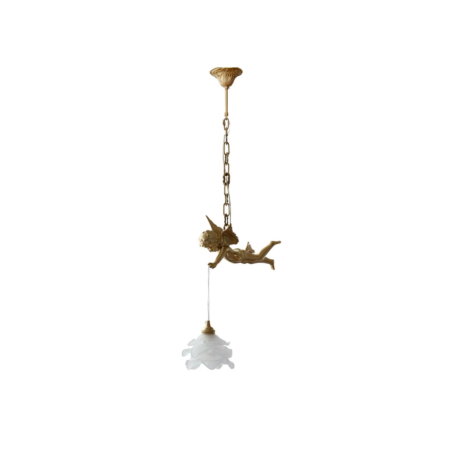 Vintage Brass Angel Figurine Pendant Light with Opaque Glass Shade