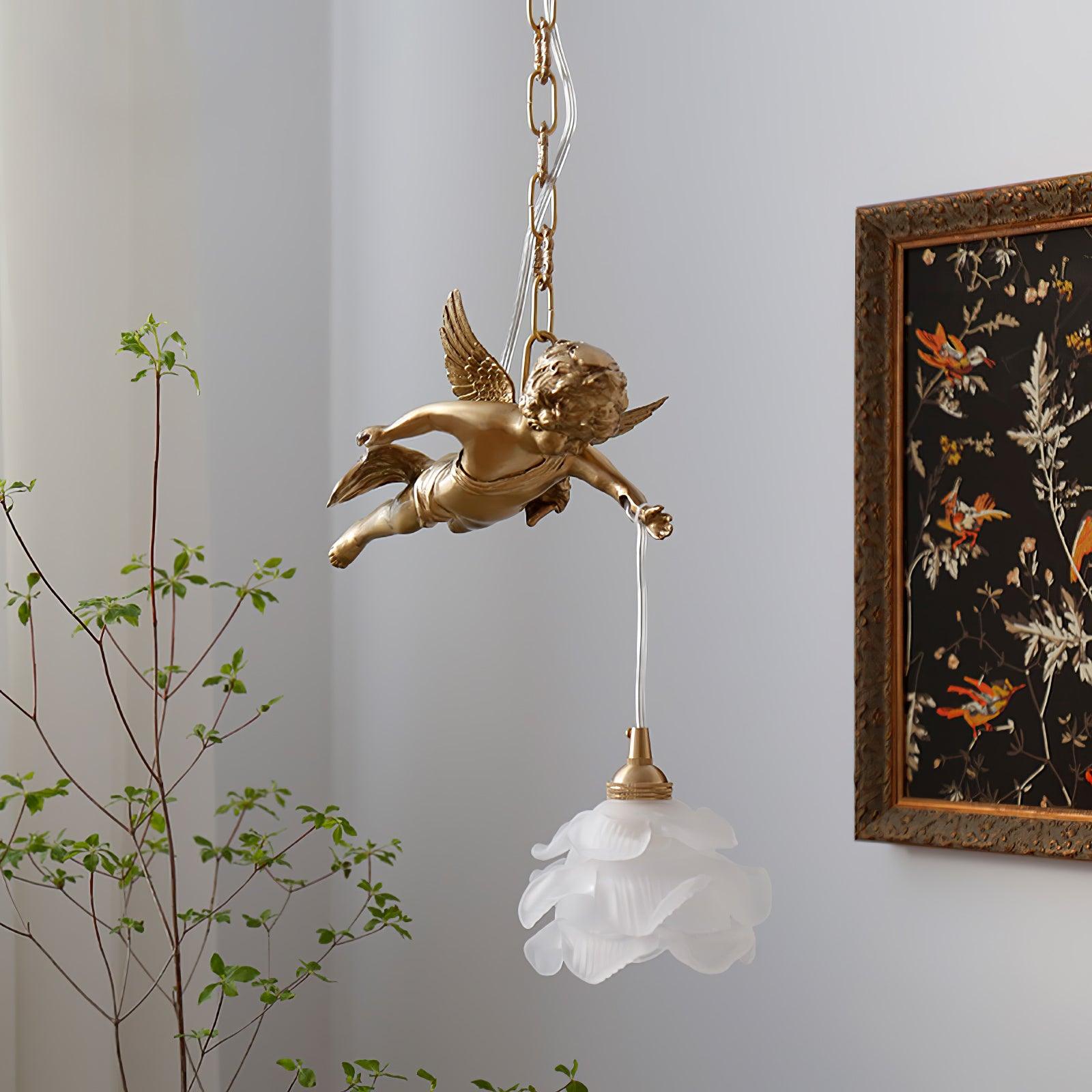 Vintage Brass Angel Figurine Pendant Light with Opaque Glass Shade