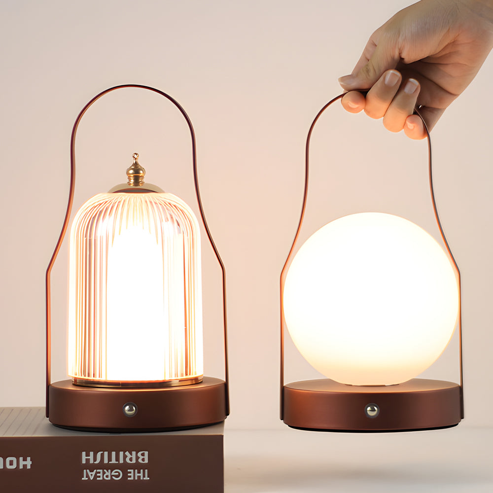 Vintage Brass Cordless Lantern Rechargeable LED Table Lamp with Touch Dimming and Portable Handle