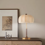 Vintage Brass Dome Table Lamp with Floral Fabric Shade and Pull Chain for Bedroom