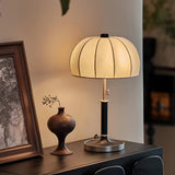 Vintage Brass Dome Table Lamp with Floral Fabric Shade and Pull Chain for Bedroom