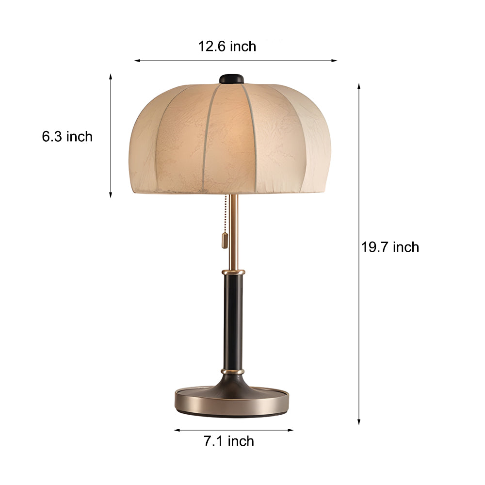 Vintage Brass Dome Table Lamp with Floral Fabric Shade and Pull Chain for Bedroom