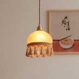 Vintage Brass Drop Light with French Tassels and Clear Blown Glass Globe