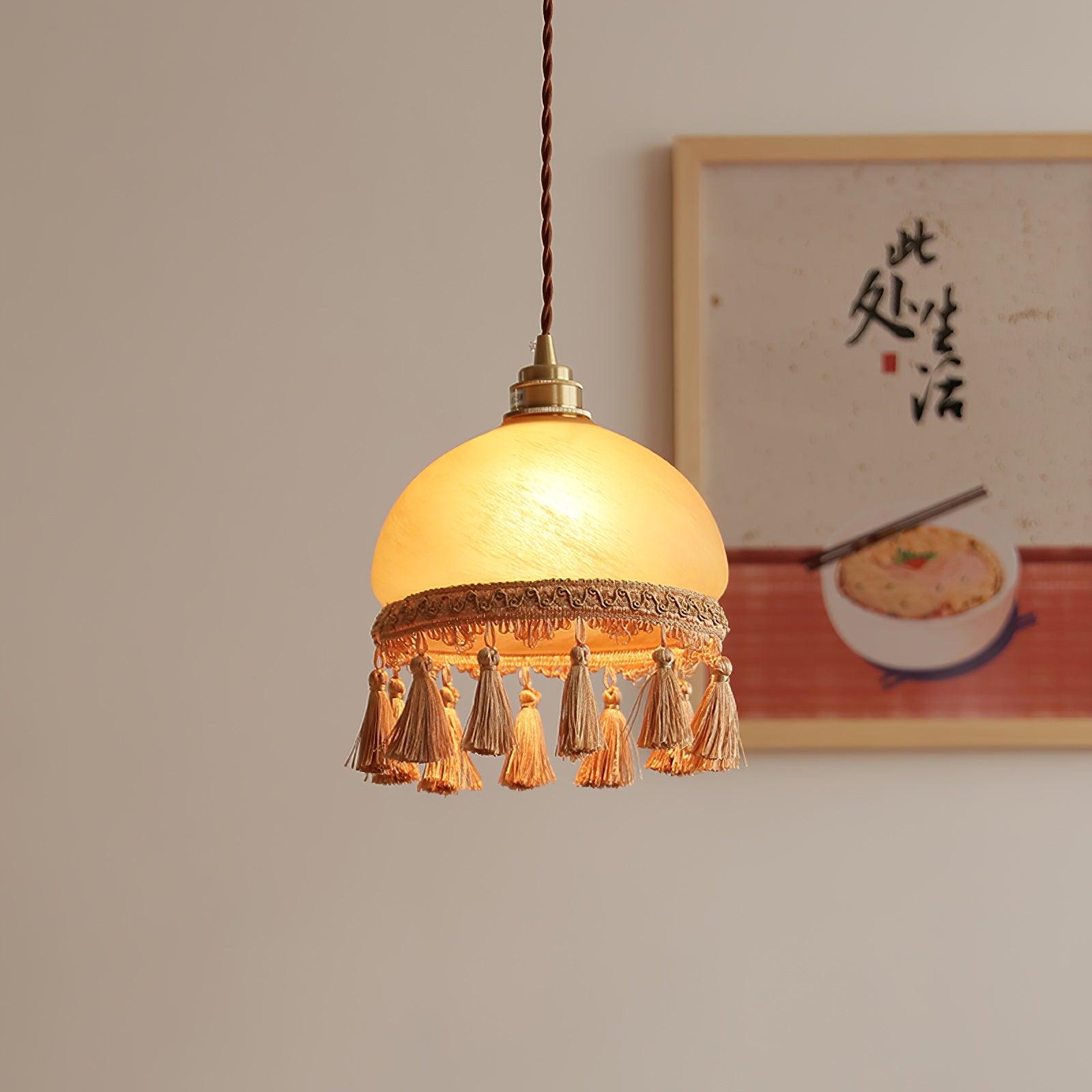 Vintage Brass Drop Light with French Tassels and Clear Blown Glass Globe