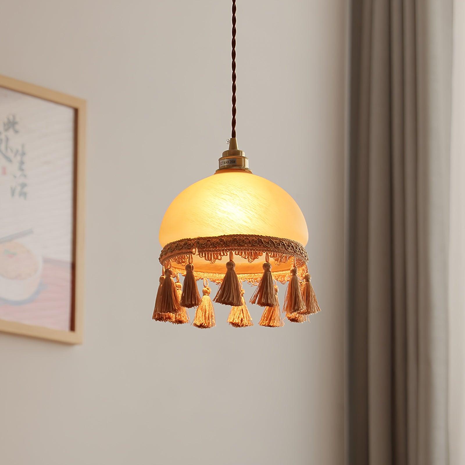 Vintage Brass Drop Light with French Tassels and Clear Blown Glass Globe