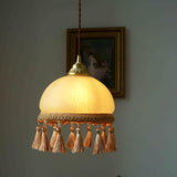 Vintage Brass Drop Light with French Tassels and Clear Blown Glass Globe