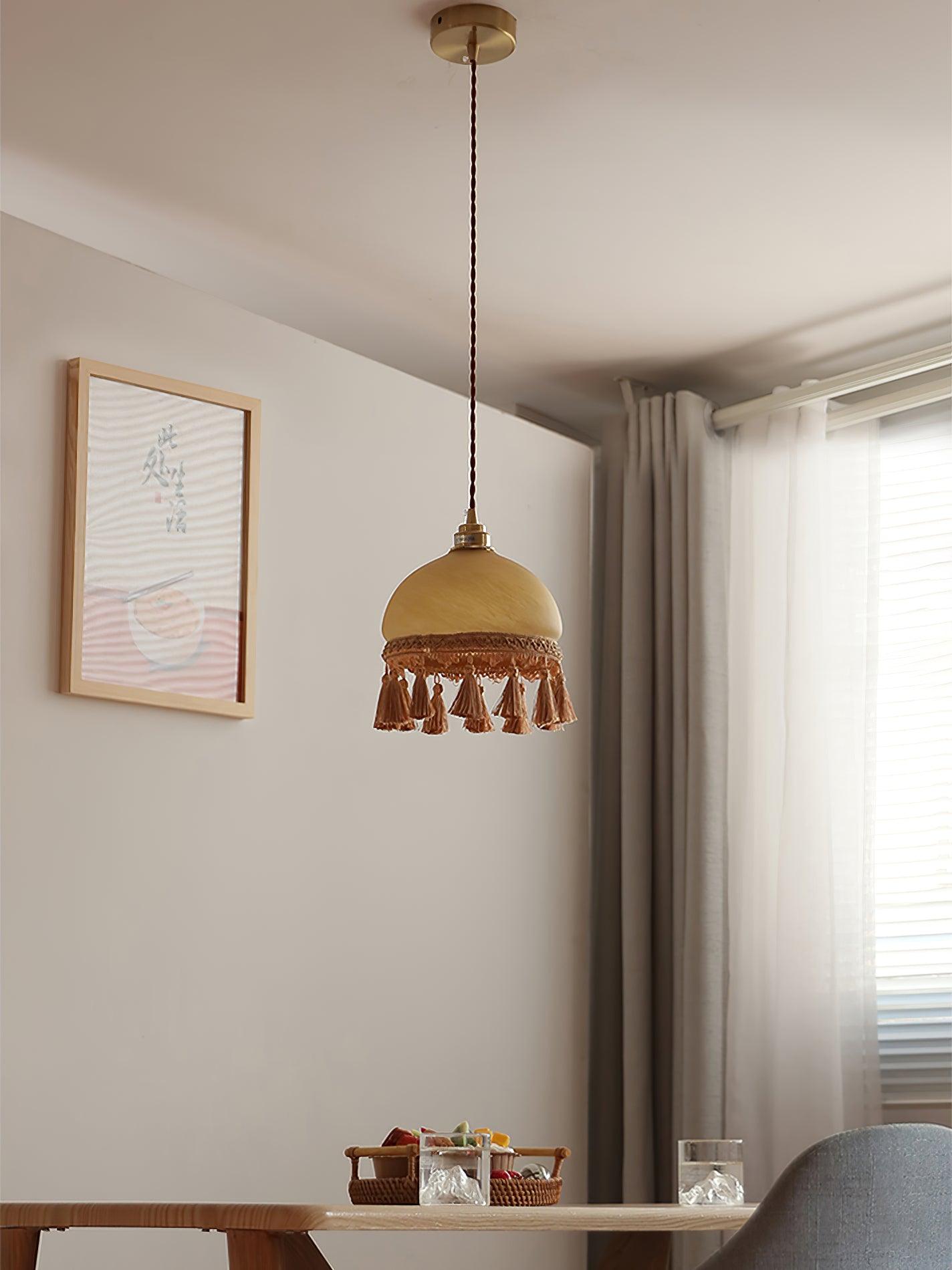 Vintage Brass Drop Light with French Tassels and Clear Blown Glass Globe