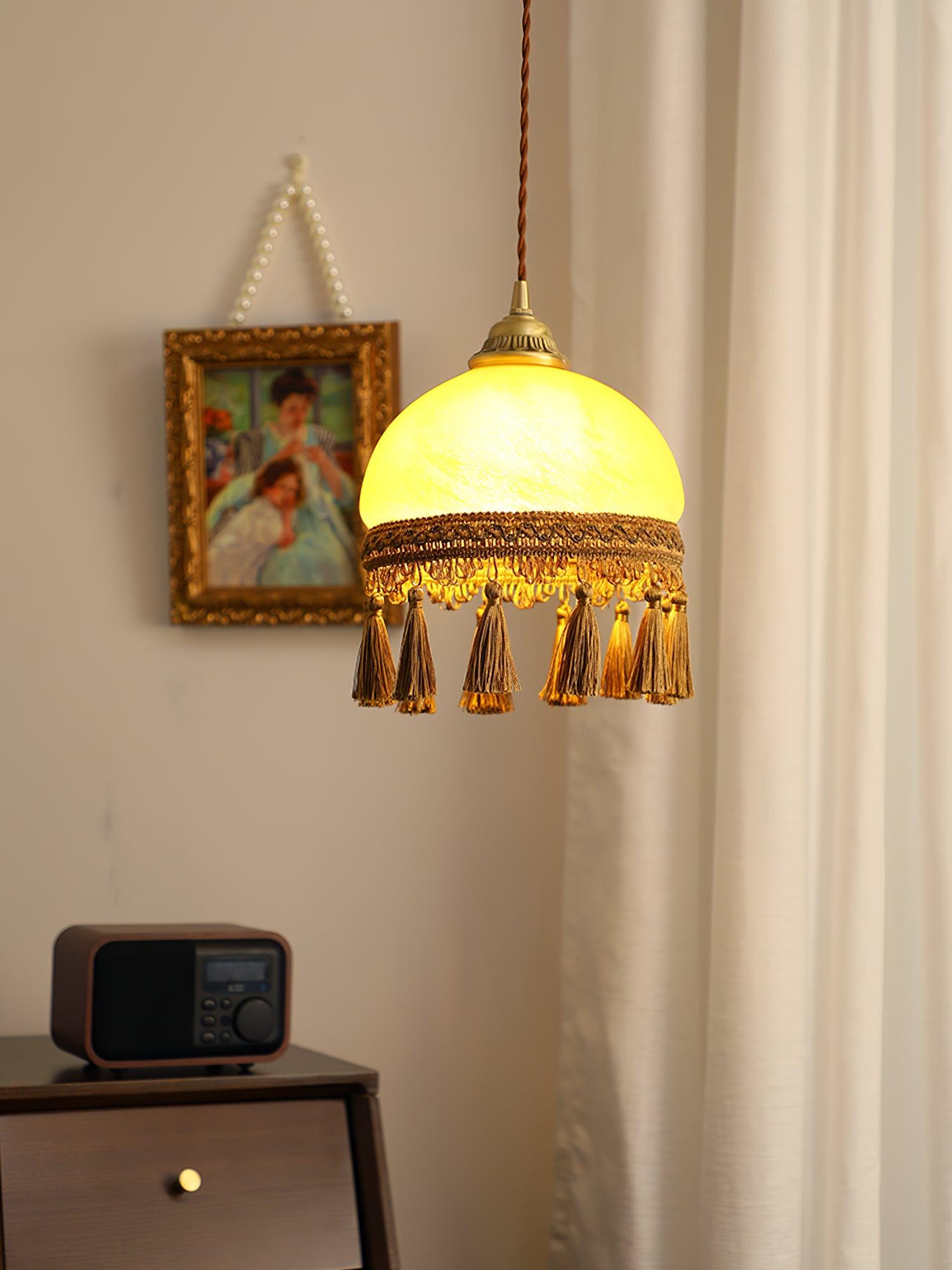 Vintage Brass Drop Light with French Tassels and Clear Blown Glass Globe