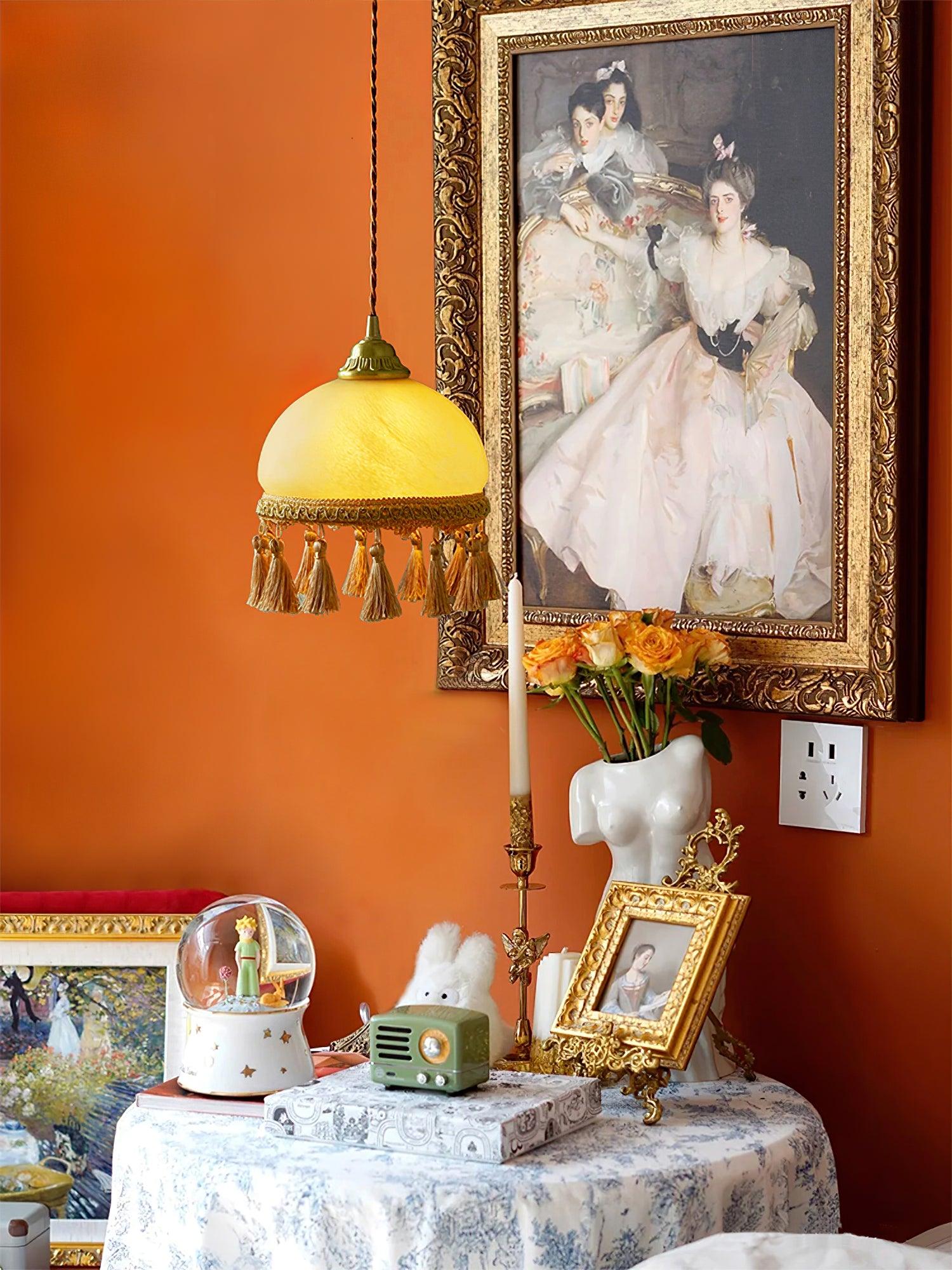 Vintage Brass Drop Light with French Tassels and Clear Blown Glass Globe