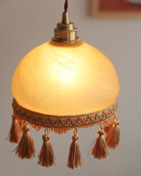 Vintage Brass Drop Light with French Tassels and Clear Blown Glass Globe