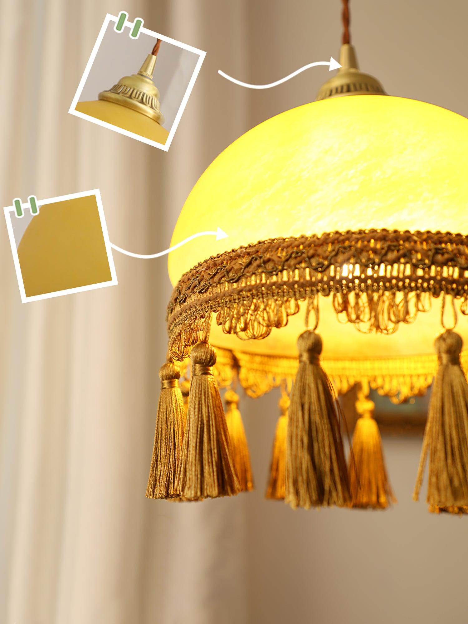 Vintage Brass Drop Light with French Tassels and Clear Blown Glass Globe