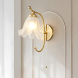 Vintage Brass Floral Glass Wall Sconce Set with Curved Gooseneck for Bedroom