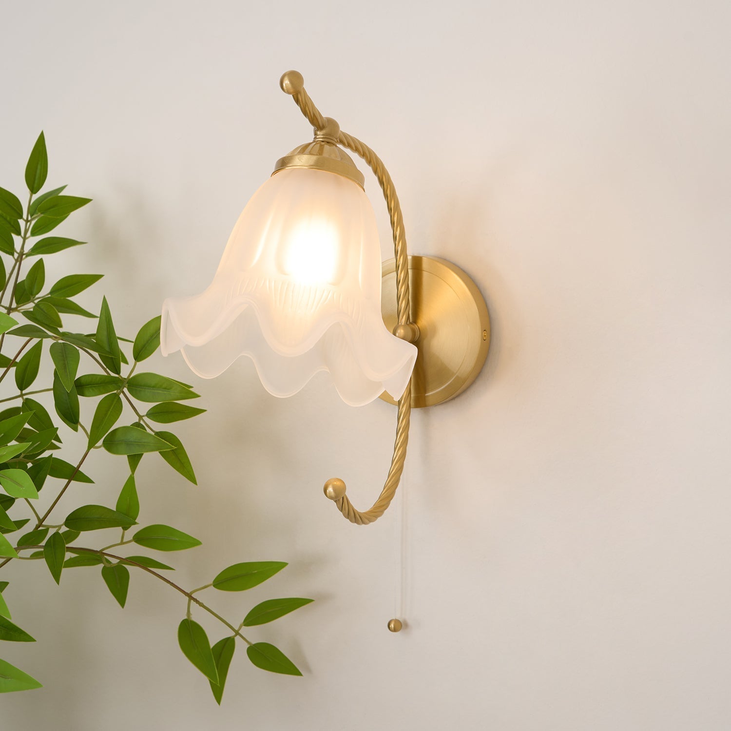 Vintage Brass Floral Glass Wall Sconce Set with Curved Gooseneck for Bedroom
