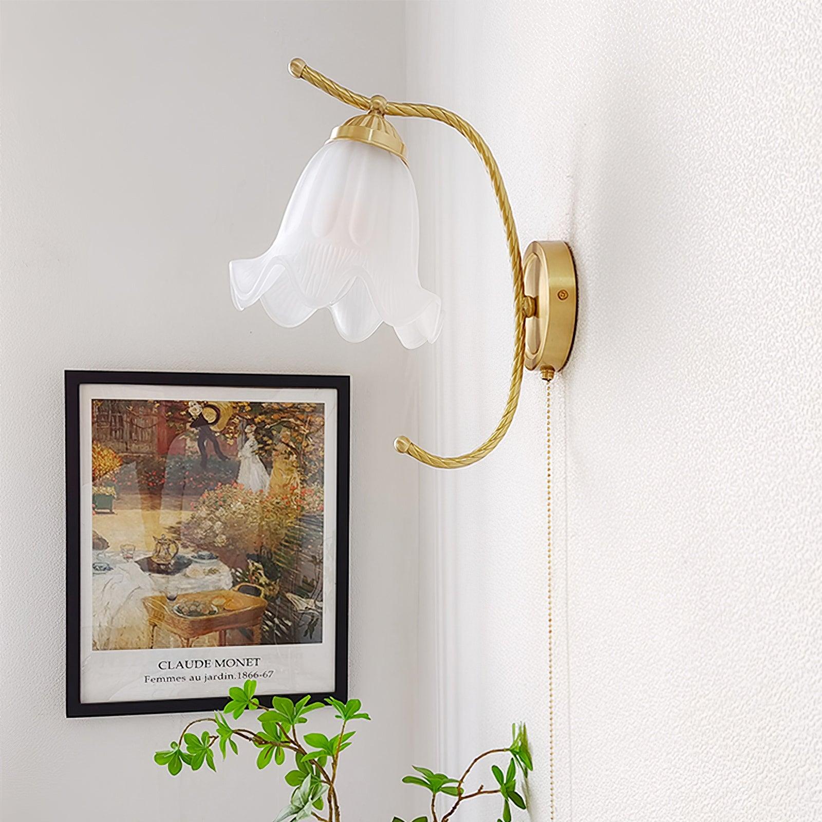 Vintage Brass Floral Glass Wall Sconce Set with Curved Gooseneck for Bedroom
