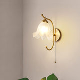 Vintage Brass Floral Glass Wall Sconce Set with Curved Gooseneck for Bedroom