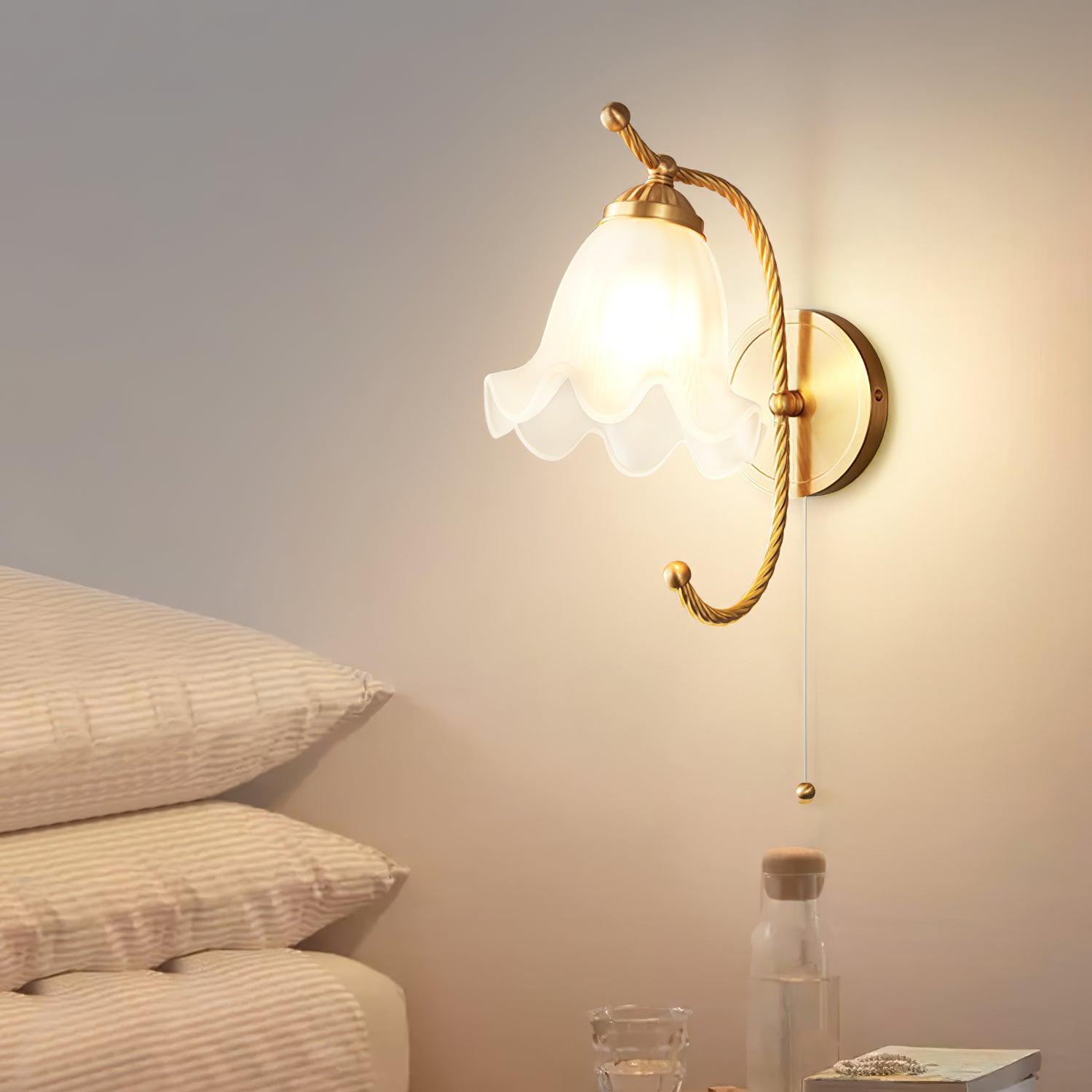 Vintage Brass Floral Glass Wall Sconce Set with Curved Gooseneck for Bedroom