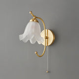 Vintage Brass Floral Glass Wall Sconce Set with Curved Gooseneck for Bedroom