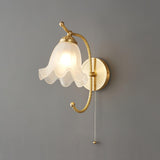 Vintage Brass Floral Glass Wall Sconce Set with Curved Gooseneck for Bedroom