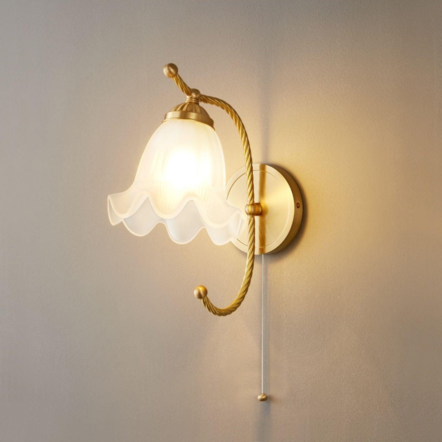 Vintage Brass Floral Glass Wall Sconce Set with Curved Gooseneck for Bedroom