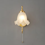 Vintage Brass Floral Glass Wall Sconce Set with Curved Gooseneck for Bedroom