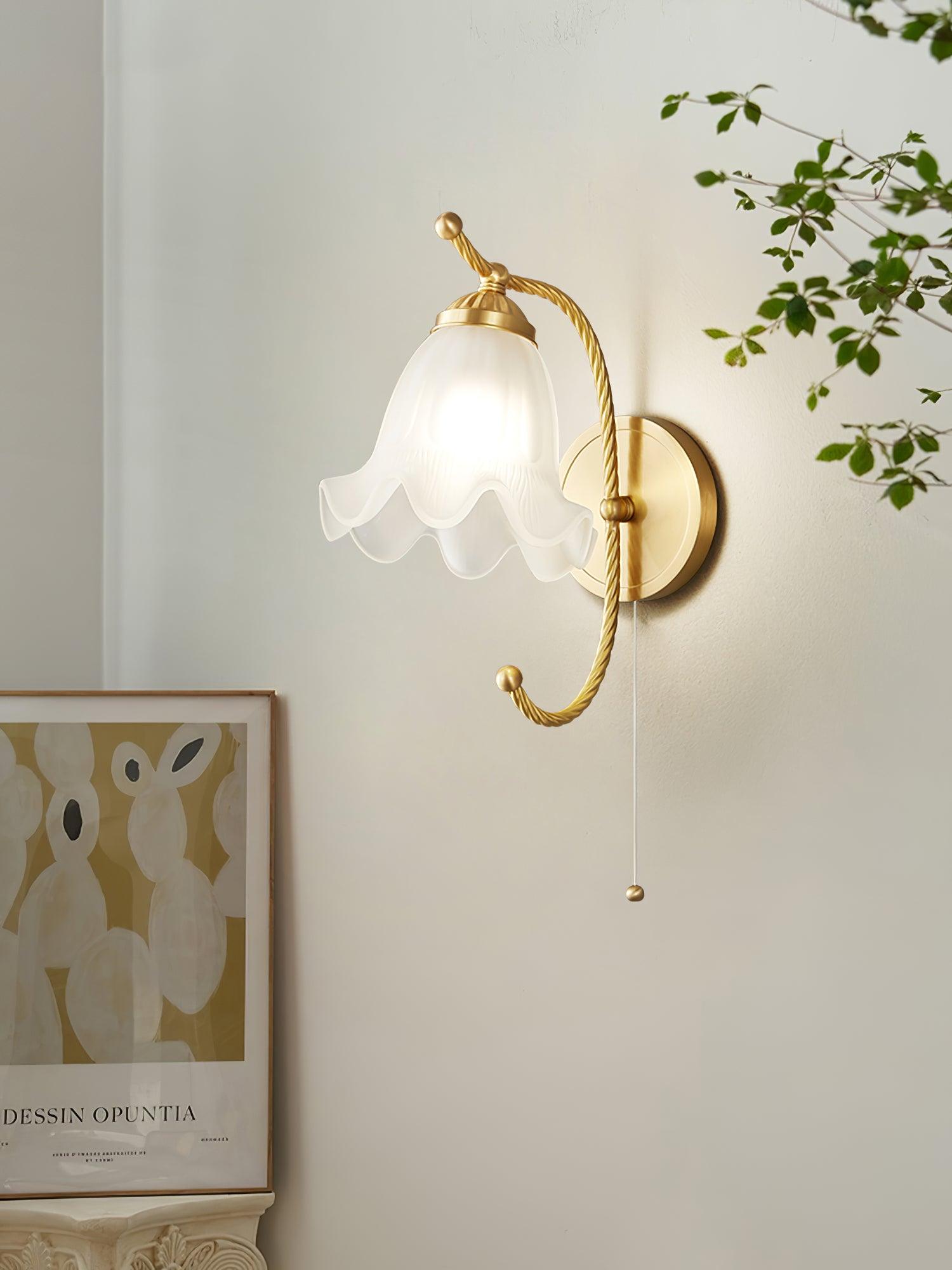 Vintage Brass Floral Glass Wall Sconce Set with Curved Gooseneck for Bedroom