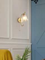 Vintage Brass Floral Glass Wall Sconce Set with Curved Gooseneck for Bedroom