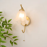 Vintage Brass Floral Glass Wall Sconce Set with Curved Gooseneck for Bedroom