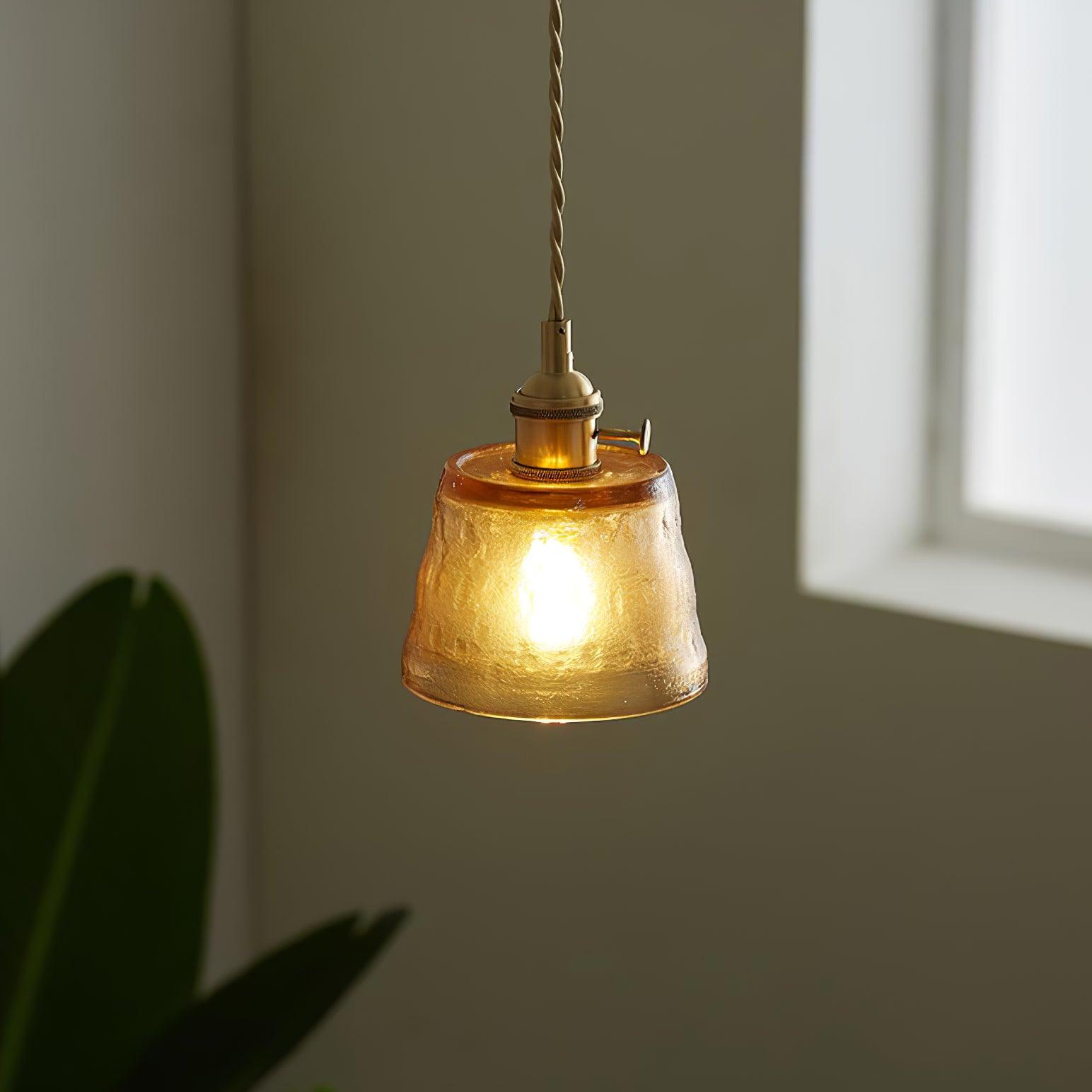 Vintage Brass Glass Cup Pendant Light with Amber Green and Clear Shades