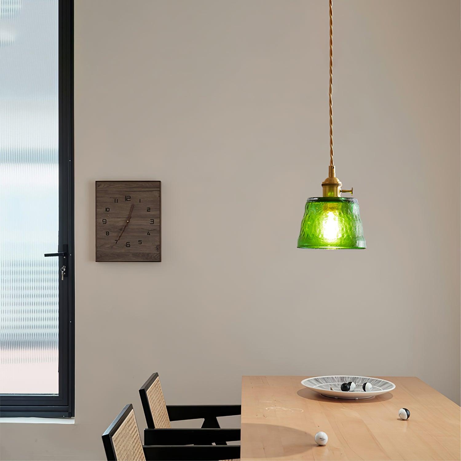 Vintage Brass Glass Cup Pendant Light with Amber Green and Clear Shades