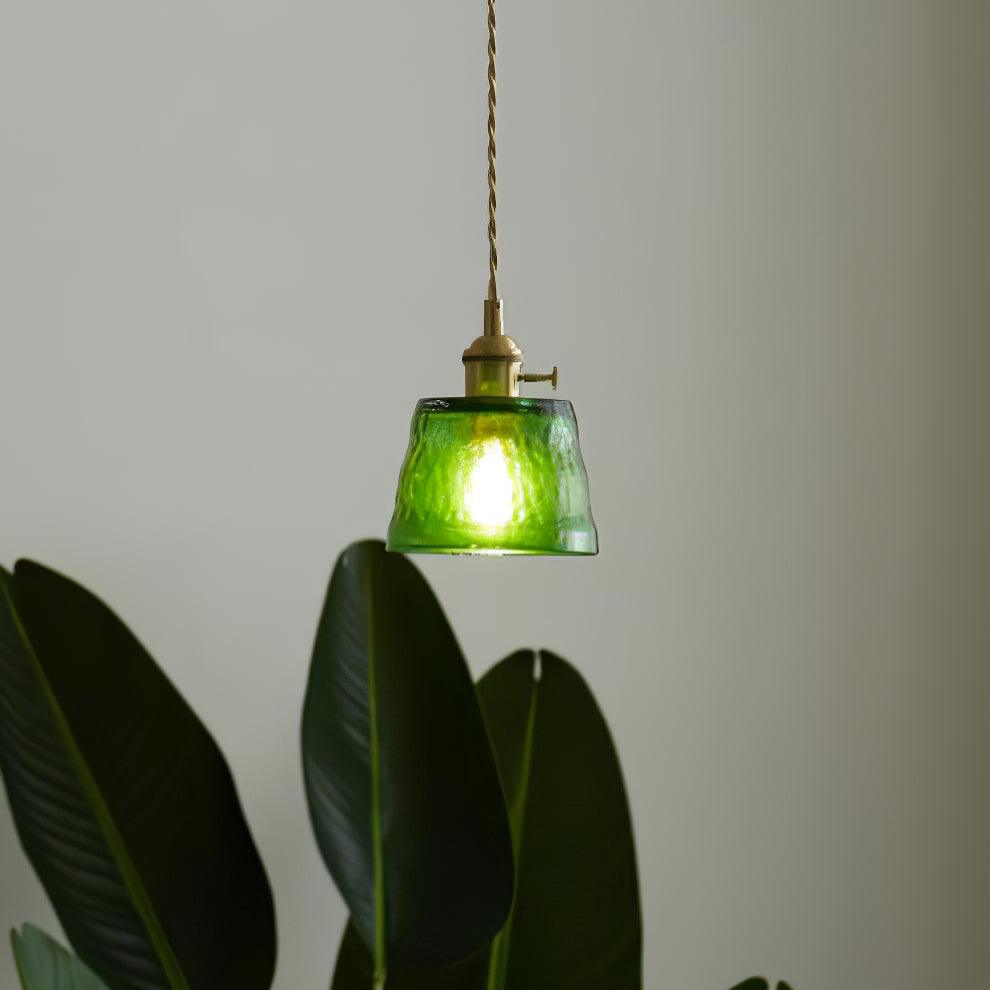 Vintage Brass Glass Cup Pendant Light with Amber Green and Clear Shades