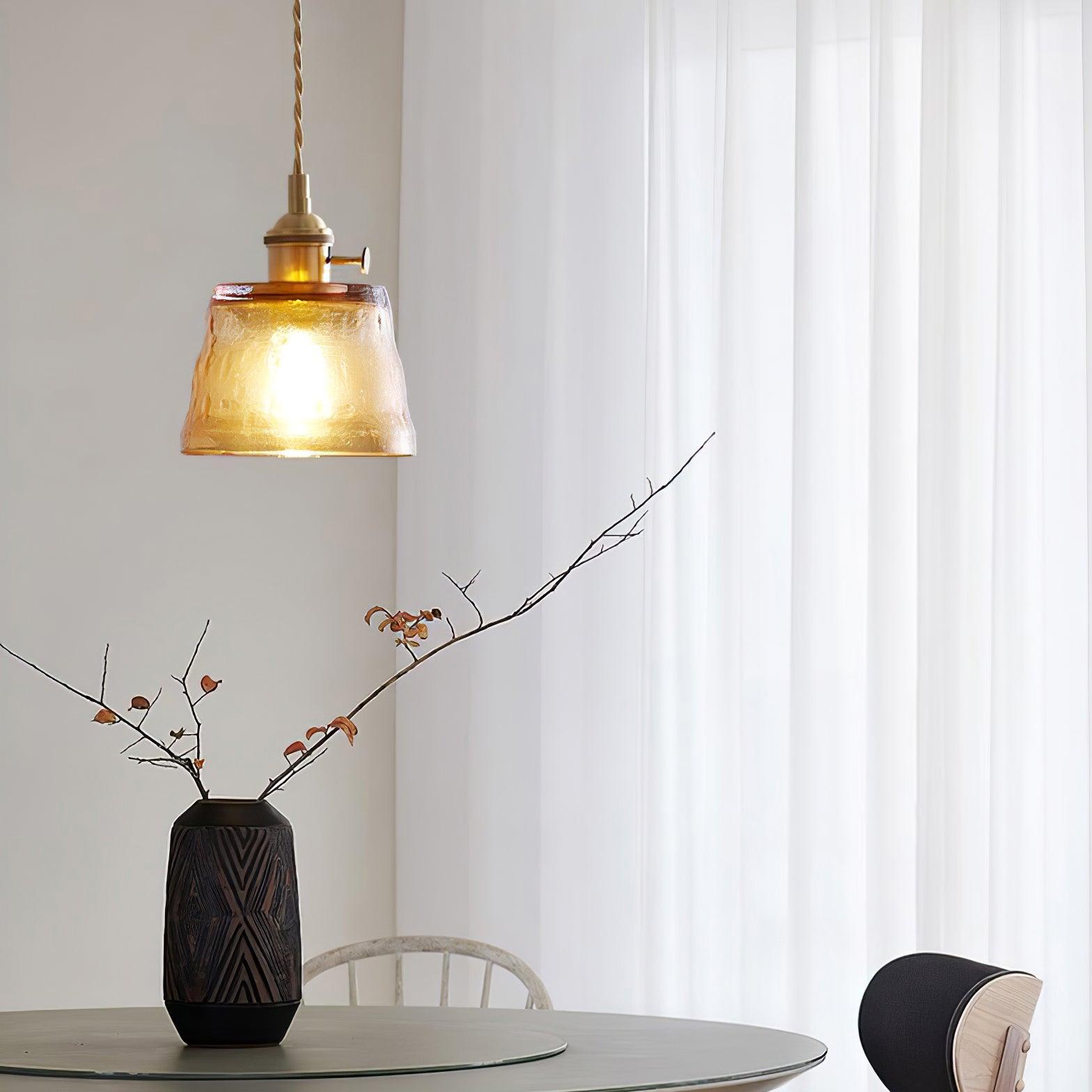 Vintage Brass Glass Cup Pendant Light with Amber Green and Clear Shades