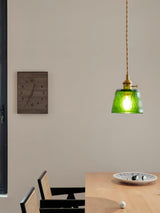 Vintage Brass Glass Cup Pendant Light with Amber Green and Clear Shades