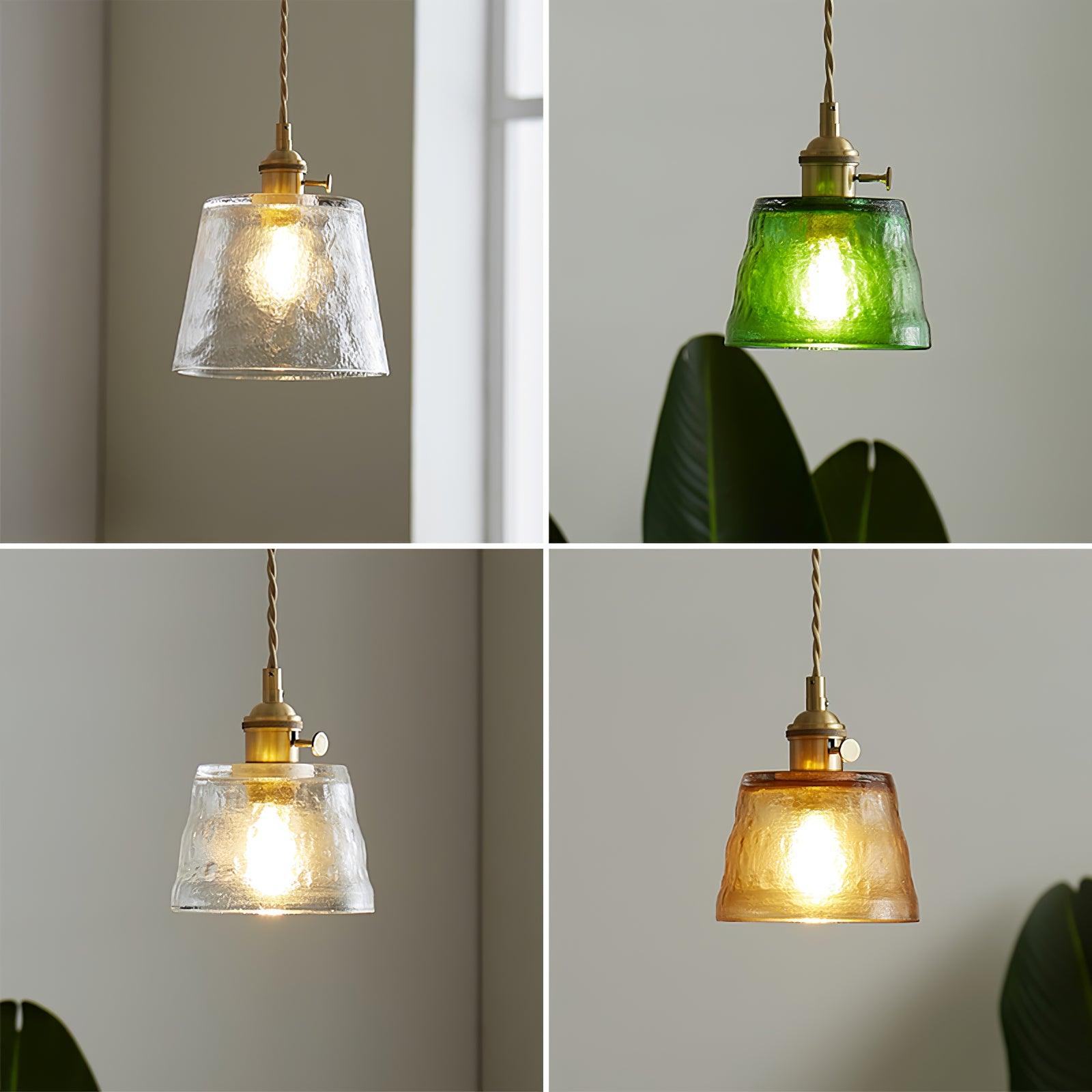Vintage Brass Glass Cup Pendant Light with Amber Green and Clear Shades