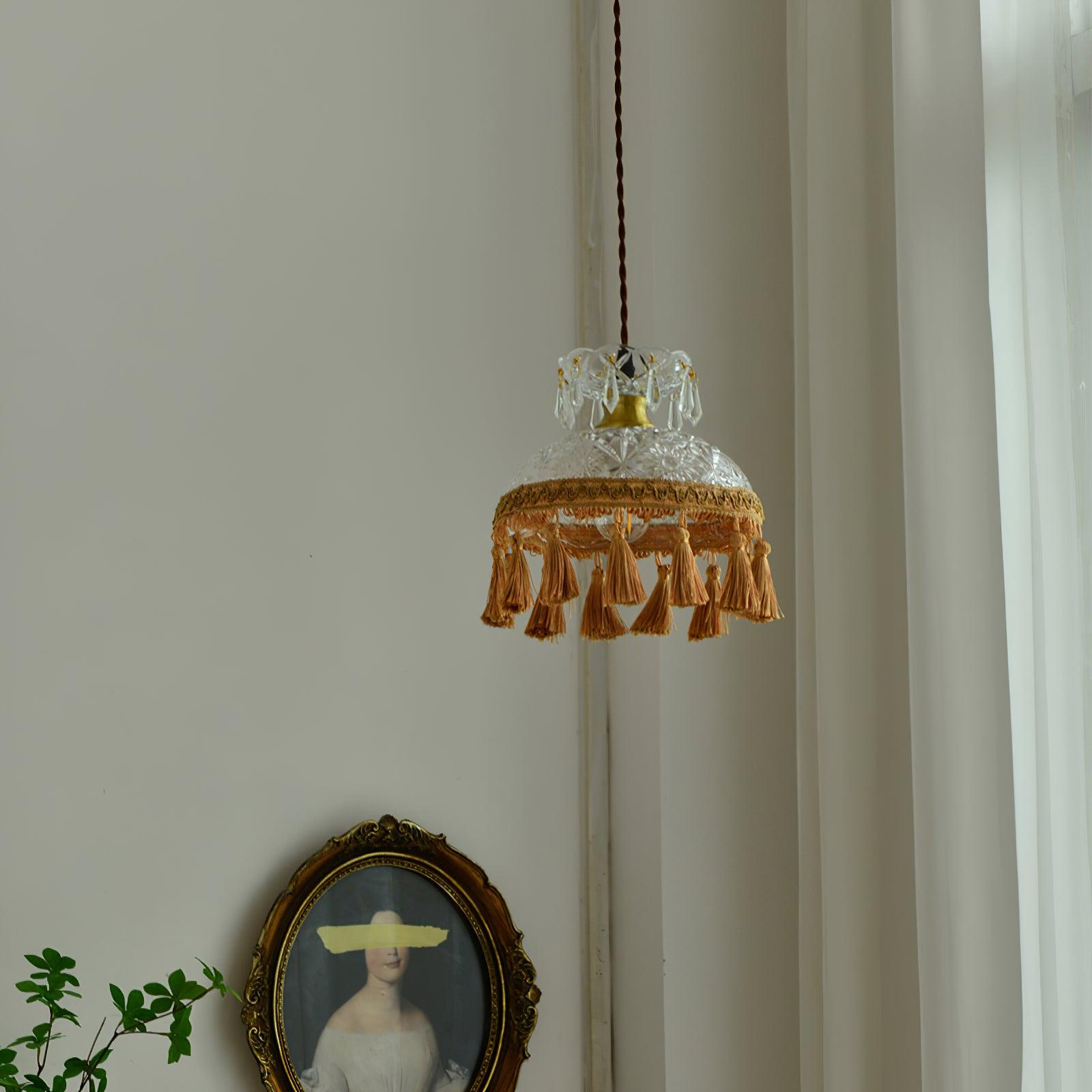 Vintage Brass Hammered Glass Bowl Tassel Pendant Light Elegant Ceiling Hanging Fixture