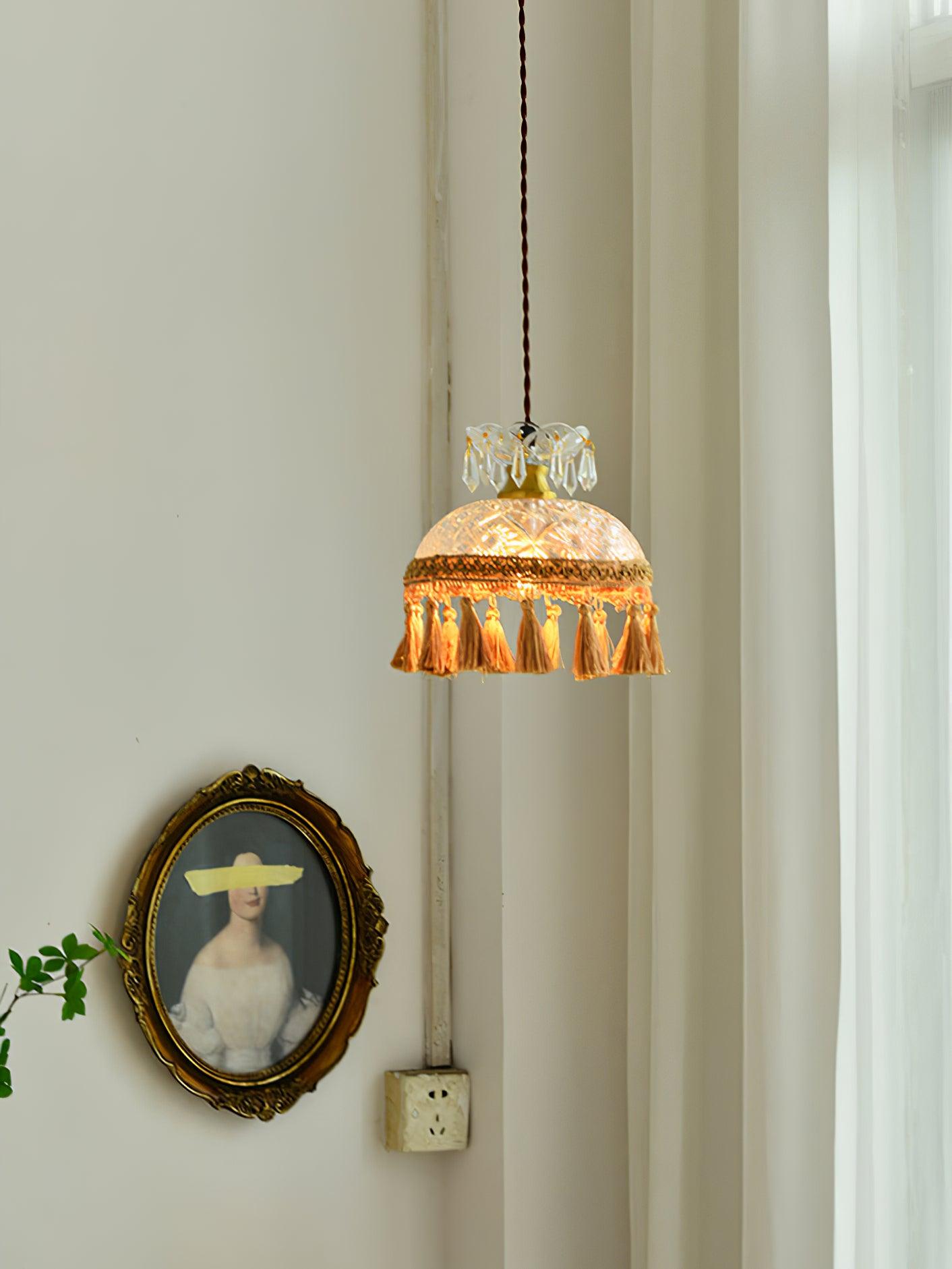 Vintage Brass Hammered Glass Bowl Tassel Pendant Light Elegant Ceiling Hanging Fixture