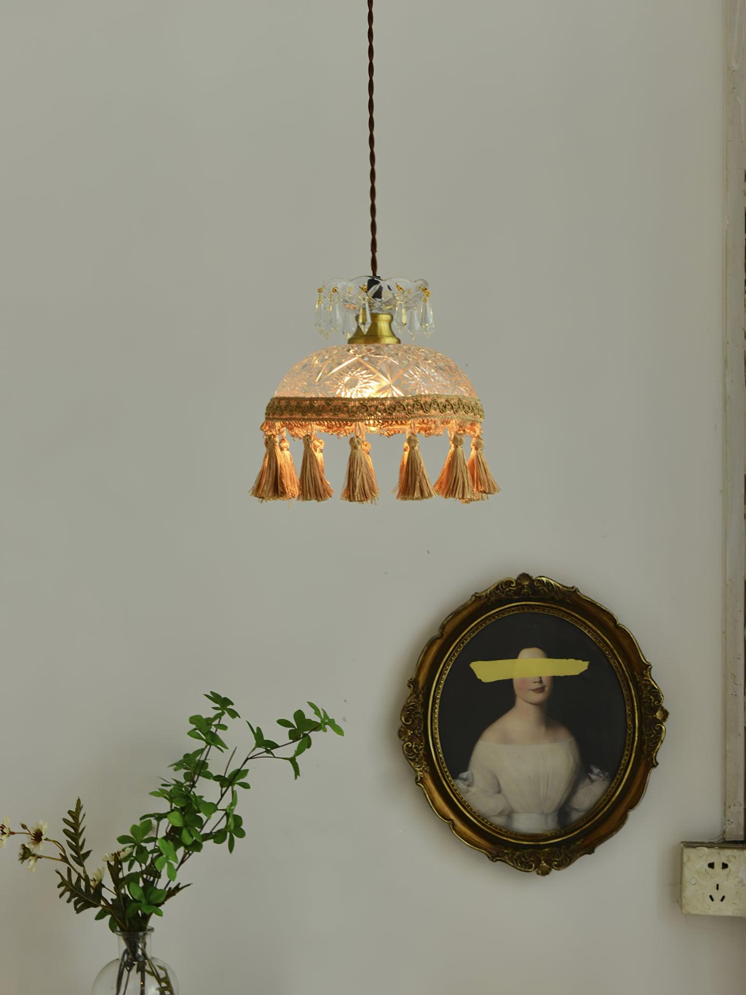 Vintage Brass Hammered Glass Bowl Tassel Pendant Light Elegant Ceiling Hanging Fixture