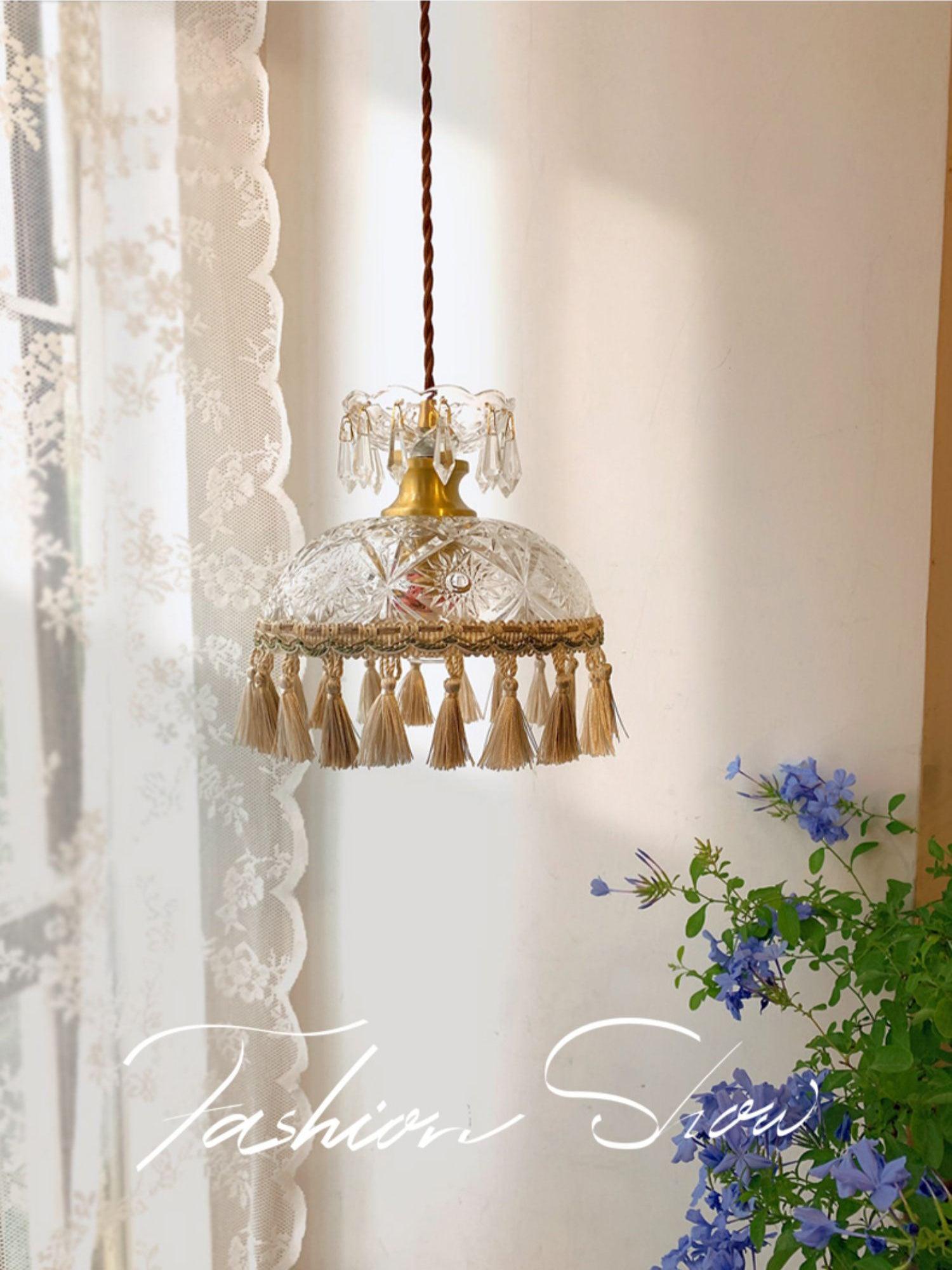 Vintage Brass Hammered Glass Bowl Tassel Pendant Light Elegant Ceiling Hanging Fixture