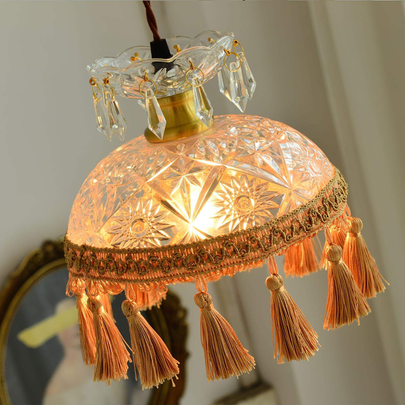 Vintage Brass Hammered Glass Bowl Tassel Pendant Light Elegant Ceiling Hanging Fixture