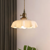Vintage Ceramic Pleated Floral Pendant Light French Style Brass Hanging Ceiling Lamp