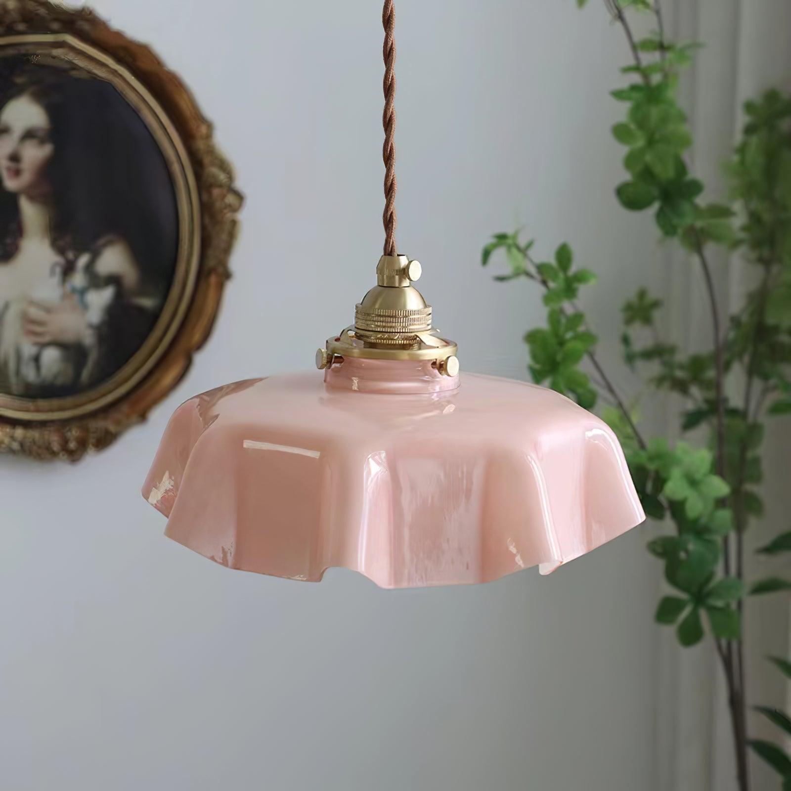 Vintage Ceramic Pleated Floral Pendant Light French Style Brass Hanging Ceiling Lamp