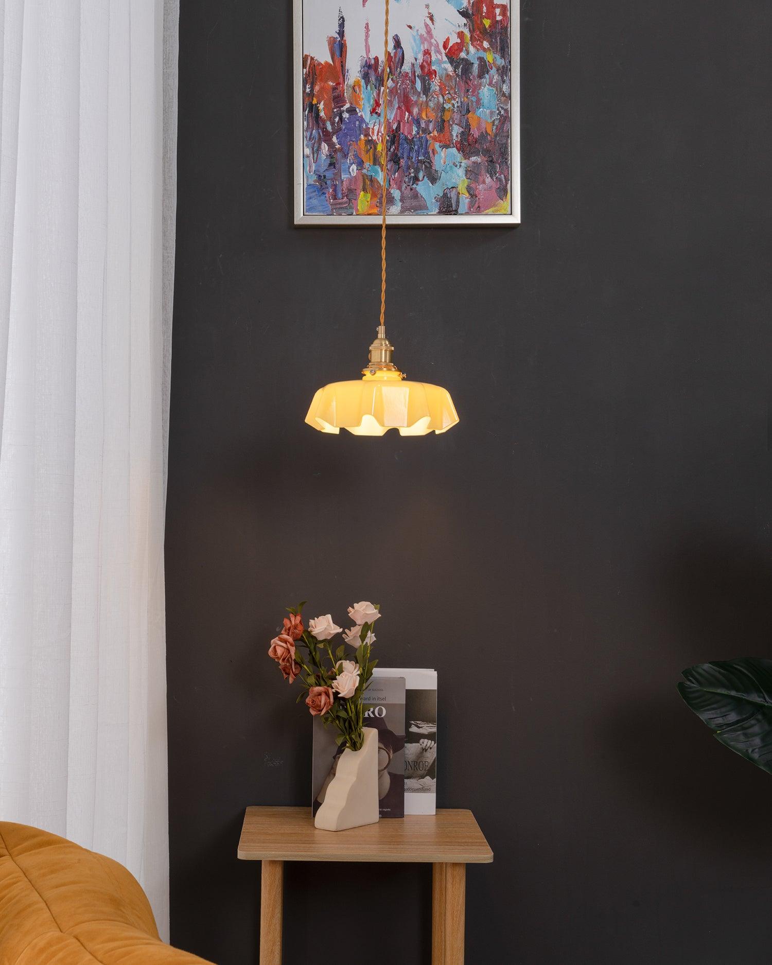 Vintage Ceramic Pleated Floral Pendant Light French Style Brass Hanging Ceiling Lamp