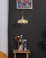 Vintage Ceramic Pleated Floral Pendant Light French Style Brass Hanging Ceiling Lamp