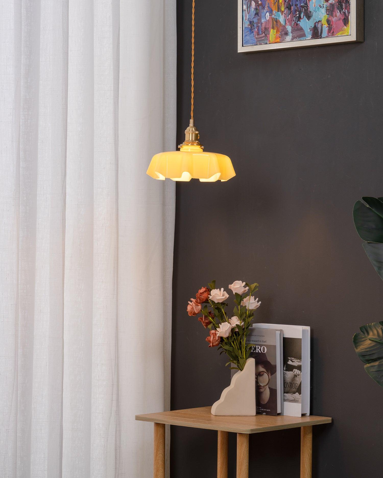 Vintage Ceramic Pleated Floral Pendant Light French Style Brass Hanging Ceiling Lamp