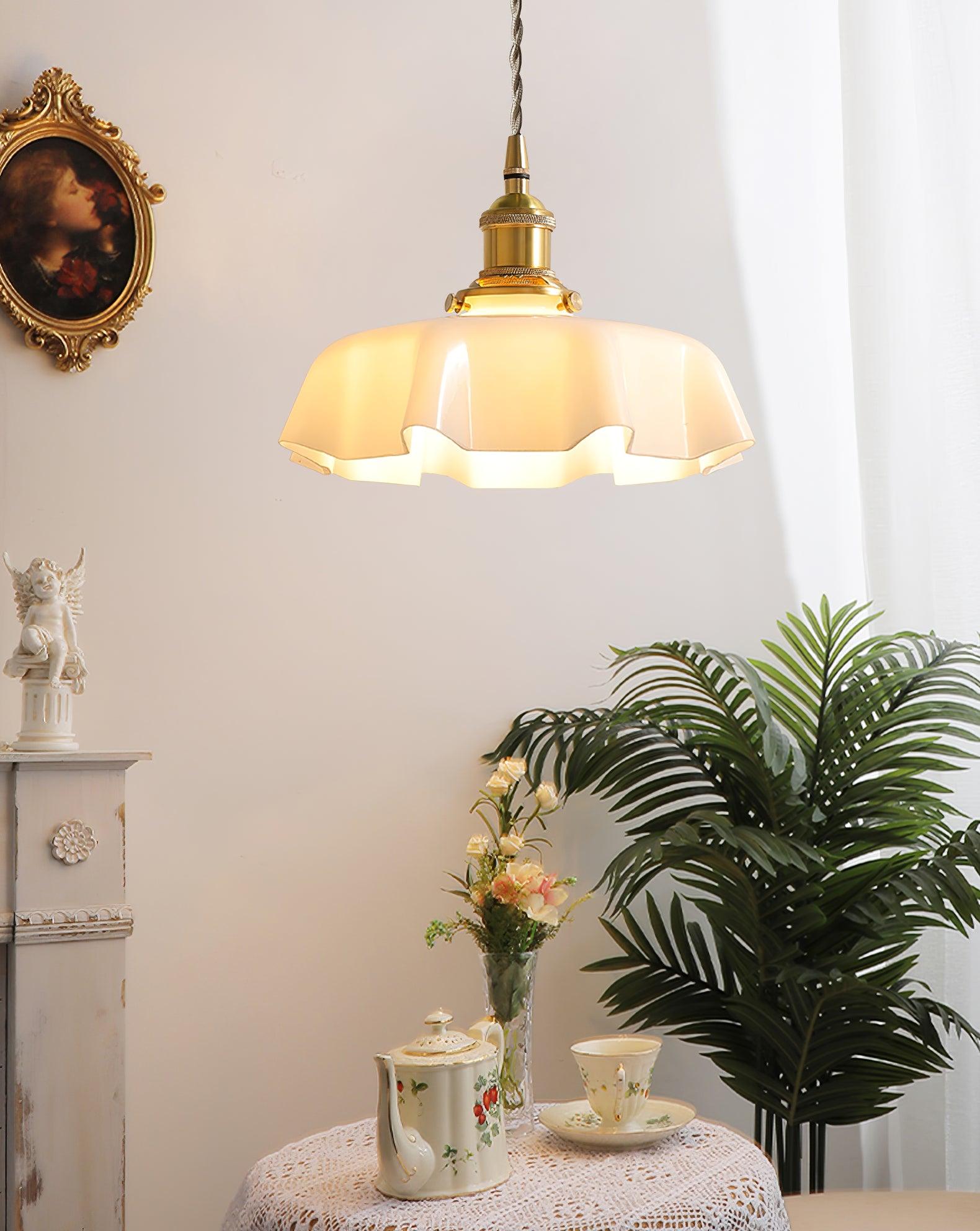 Vintage Ceramic Pleated Floral Pendant Light French Style Brass Hanging Ceiling Lamp