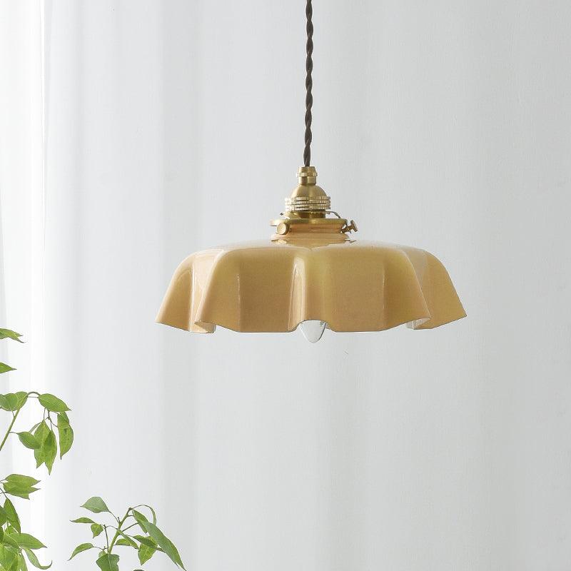 Vintage Ceramic Pleated Floral Pendant Light French Style Brass Hanging Ceiling Lamp