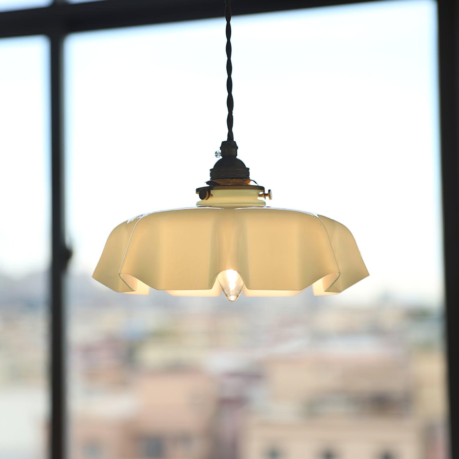 Vintage Ceramic Pleated Floral Pendant Light French Style Brass Hanging Ceiling Lamp